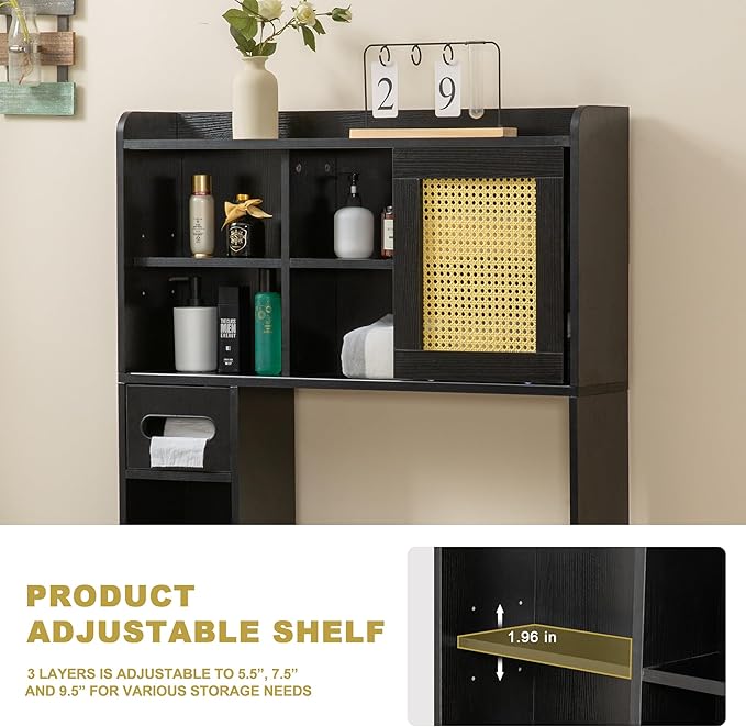 6Tier Over The Toilet Storage Cabinet, Freestanding Above Toilet Space Saver Rack w/Adjustable Shelves, Sliding Door, Multifunctional Over Toilet Organizer for Bathroom (Black)