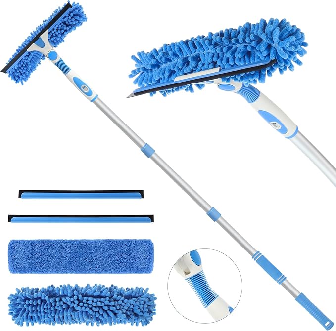 Window Squeegee Cleaner,2 in 1 Shower Squeegee with Extension Pole,92” Extendable Window Cleaning Kit with Bendable Head,Glass Cleaning Tools for Indoor Outdoor High Windows,Car Windshield