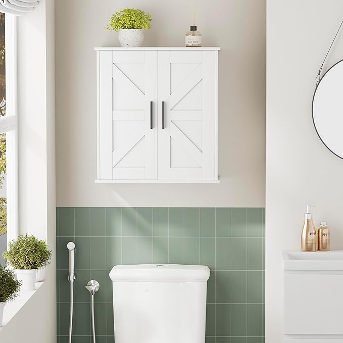 Bathroom Wall Cabinet, Over Toilet Storage Cabinet with Barn Doors and Adjustable Shelves, 3-Tier Medicine Cabinet Wall Mounted, for Bathroom, Kitchen, Entryway, Laundry Room, White, (11.8" D)