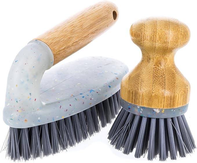 Beille 2pc Dish Brush and Scrub Brush Set with Bamboo Handles and Heavy Duty Bristles Household Essentials
