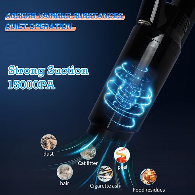 Handheld Car Vacuum Cleaner,Portable Vacuum Cleaner with 15000PA Suction,High Power Wet and Dry Mini Rechargeable Car Vacuum Cleaner with LED Light ,Multi-Nozzles for Car, Home, Office,Pet(black)