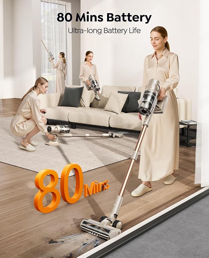 Cordless Vacuum Cleaner,80Mins/50kpa Vacuum Cleaners for Home,Stick Vacuums with Self-Standing,Touch Screen,LED Headlights, Anti-tangle,Rechargeable,Lightweight,for Carpet,Hard Floor, Pet Hair(P7 Pro)