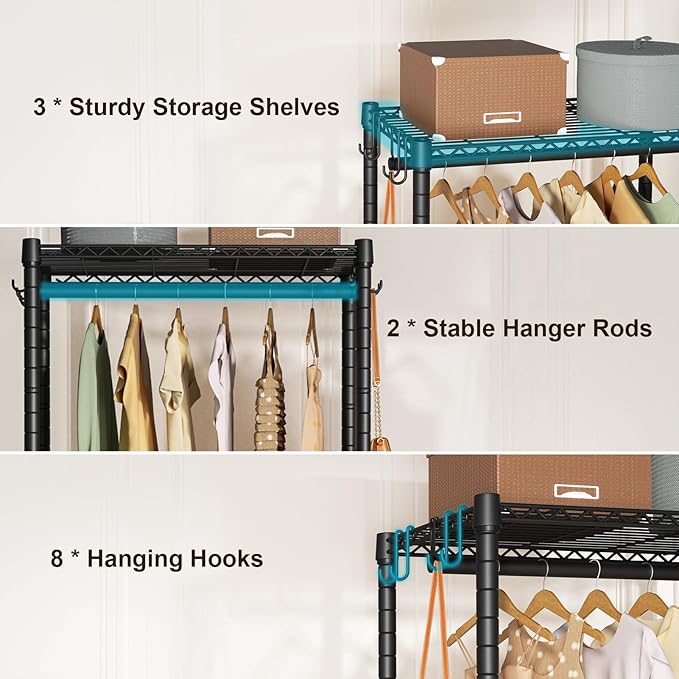 P3 Mini Rolling Clothes Rack, Clothing Racks for Hanging Clothes, Heavy Duty Garment Rack with Wheels, Freestanding Portable Closet Rack 23.6'' W x 14'' D x 78.5'' H, Max Load 430 Lbs, Black