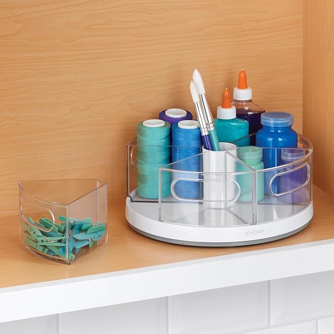 YouCopia Crazy Susan Lazy Susan Organizer, 6 BPA-Free Removable Clear Bins with Handles, Rotating Storage Turntable for Kitchen Cabinet, Pantry and Bathroom Organization,White