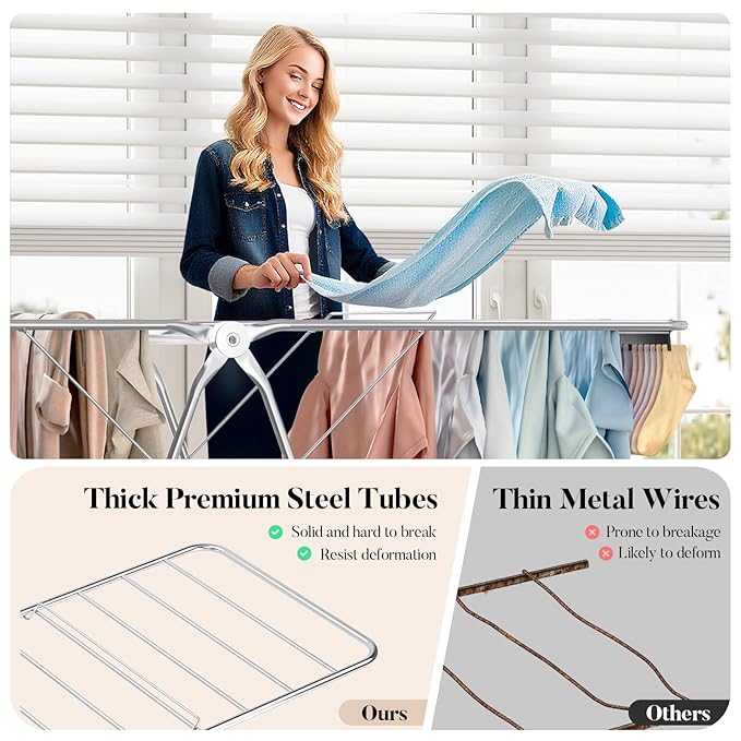 APEXCHASER Clothes Drying Rack with 4 Wings, Stainless Steel Drying Rack Clothing with Sock Clips, Metal Connectors, Height-Adjustable, Foldable Laundry Drying Rack, Indoor Outdoor Use, No Assembly