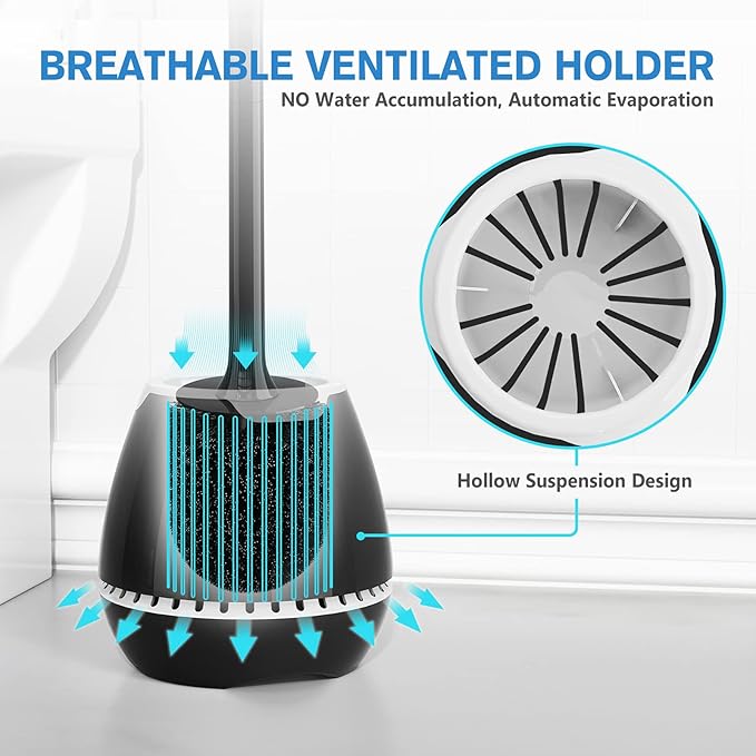 Toilet Brush 2 Pack, Toilet Bowl Brush with Ventilated Holder and Ergonomic Long Handle, Durable Bristles Toilet Scrubber Set for Bathroom Cleaning(Black)