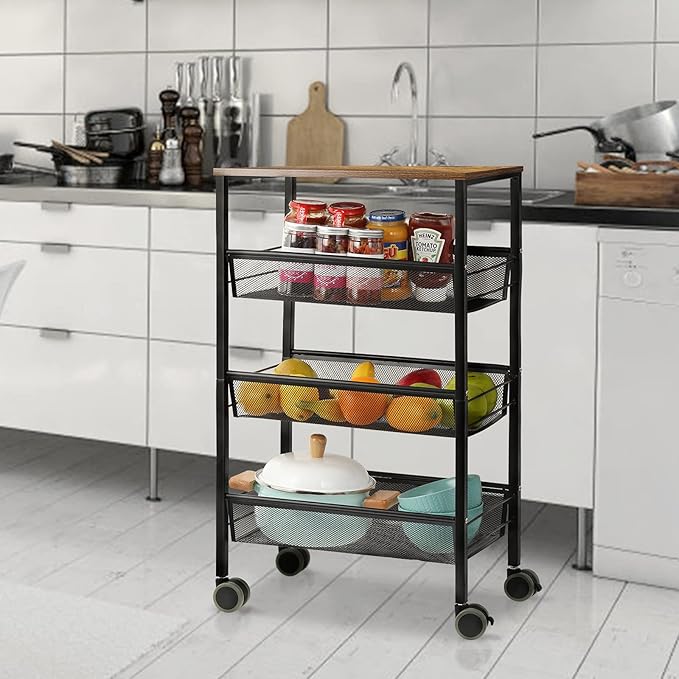 Kitchen Storage Rolling Cart, 4-Tier Kitchen Island Cart on Wheels with Wooden Shelves, Lockable Utility Cart with Mesh Baskets for Narrow Space on Dining Room Bathroom，Black