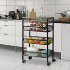 Kitchen Storage Rolling Cart, 4-Tier Kitchen Island Cart on Wheels with Wooden Shelves, Lockable Utility Cart with Mesh Baskets for Narrow Space on Dining Room Bathroom，Black