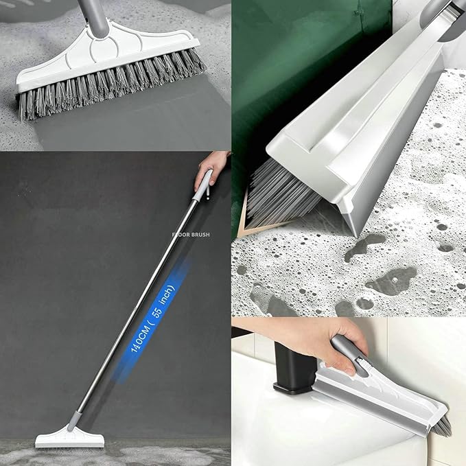 2 in 1 Floor Brush Scrubber with Long Handle Grout Brush 3 Poles 53.5'' New Upgrade Stiff Bristle Cleaning Scrub Brush with Squeegee 120°Rotating Tile Brush for Cleaning Bathroom Glass Patio Kitchen