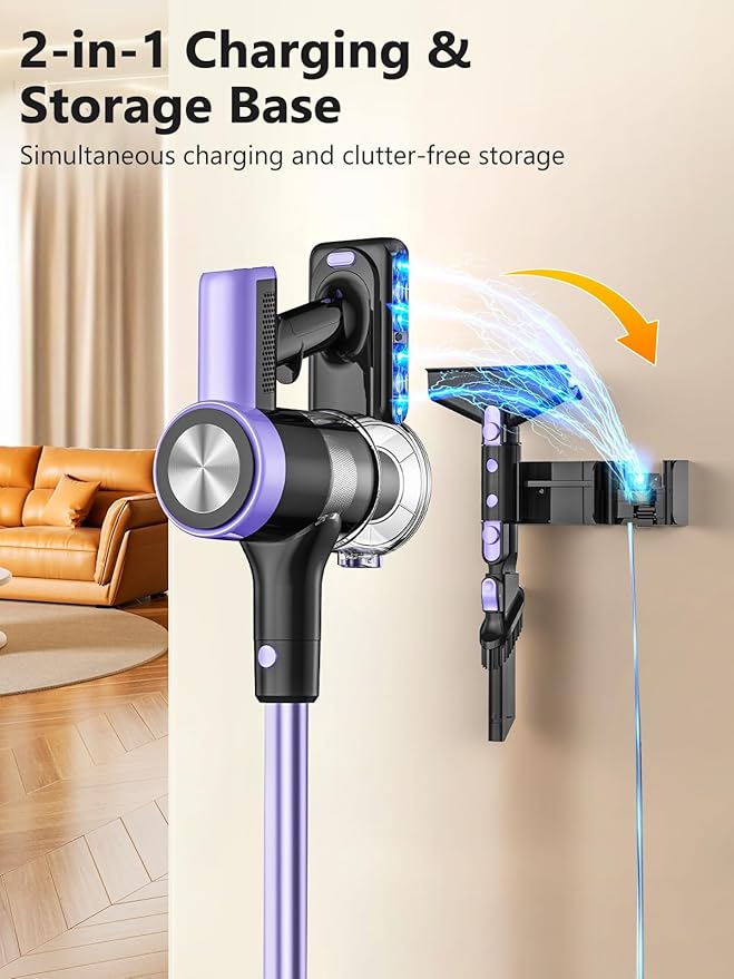 Cordless Vacuum Cleaner, 46Kpa/55 Mins Vacuum Cleaners for Home, Self-Standing Stick Vacuum with Rechargeable Dock,LED Display & Anti-Tangle,Lightweight Rechargeable Vacuum for Carpet (Violet)