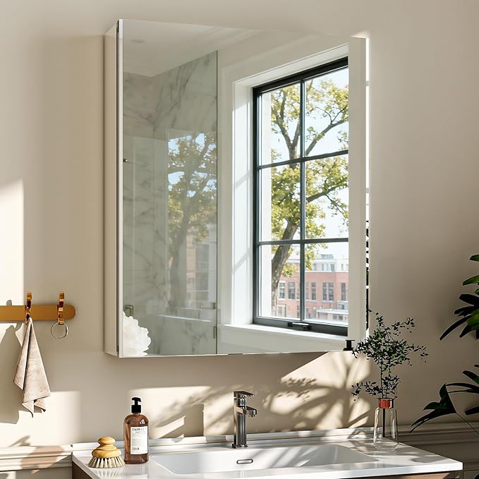 BEAUTYPEAK Bathroom Medicine Cabinet Mirror with Storage, 20 Inch x 24 Inch Silver Medicine Cabinet with Single Door & Adjustable Shelves for Vanity, Tempered, Aluminum Surface, Wall-mount or Recessed