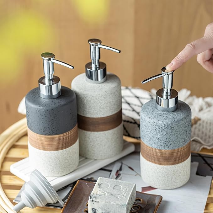 Ceramic Soap Dispenser Set for Hand Soap, Shampoo, Dish Soap, Conditioner, Bathroom & Kitchen, Stainless Steel Pump, Includes Silicone Funnel, 12 Oz, Non-Slip, Elegant Kitchen Decor, Gray