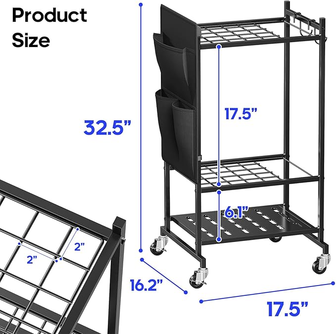 SUFAUY Rolling Garden Tool Organizer,Yard Tower Rack Heavy-Duty Garage Tool Stand with Wheels and Hooks, Black
