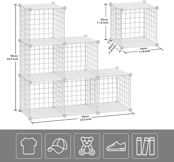 HUBSON Wire Cube Storage Organizer, Book/Toy/Craft/Potted Plants and petCloset Organizers and Storage Shelves, 6-Cube Freely Combinable Metal Grids Storage Shelf,White Plus Iron
