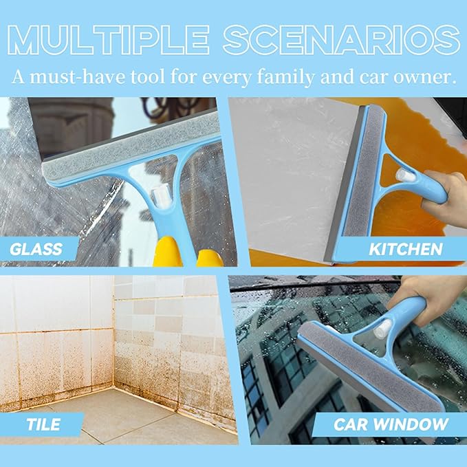 3 in 1 Window Cleaning Scraper,All-Purpose Spray Window Squeegee Cleaner Tool,for Glass Doors for Windows Glass, Mirrors Scraper, Brush (Blue and White)