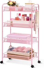 TOOLF 4 Tier Rolling Utility Cart - Durable Metal Design Pink Utility Cart, Storage Trolley on Wheels with 3 Hooks, Perfect for Kitchen, Bathroom & Laundry Room Organization