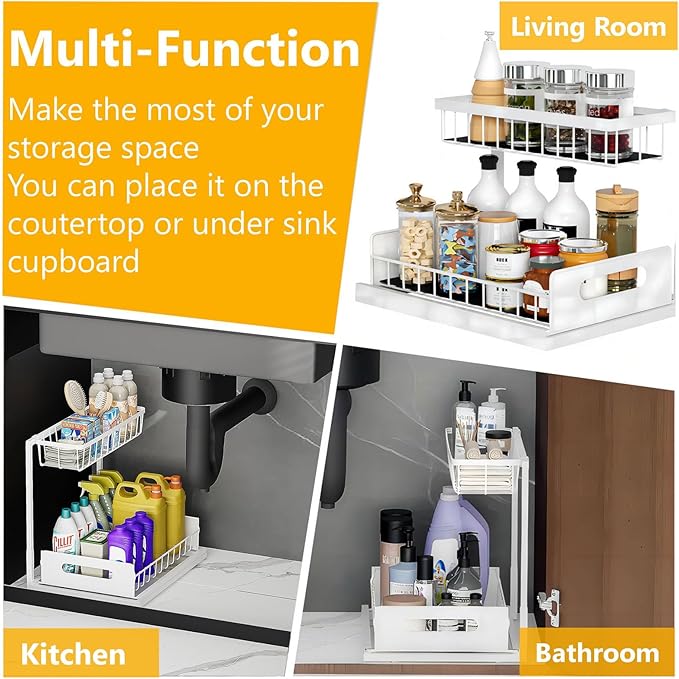 Under Sink Organizers and Storage 2 Tier Slide Out Kitchen Cabinet Organizer Sturdy Metal Bathroom Storage (White, 1 Pack)