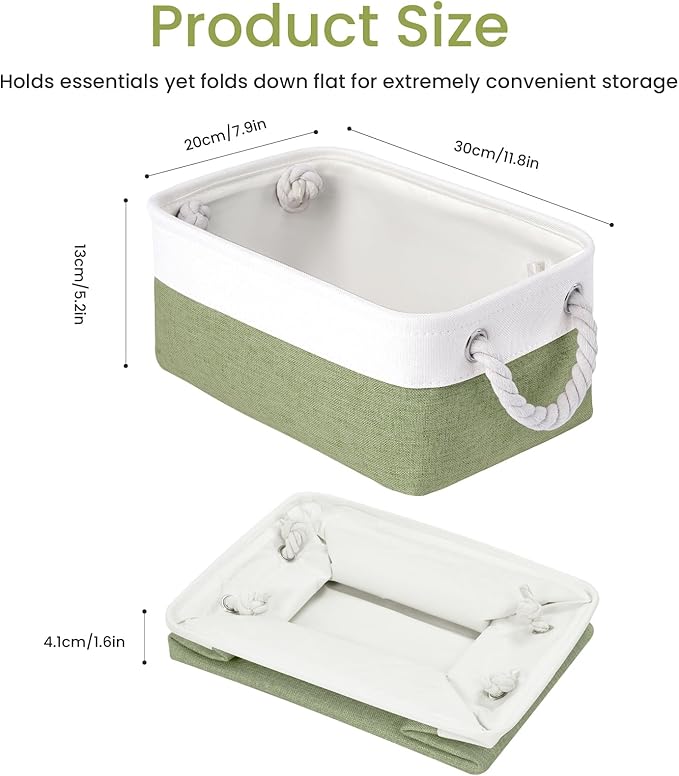 Storage Baskets for Shelves 11.8x7.9x5.2 Inch-Foldable Fabric Organizing Storage Bins with Handles, Closet & Bathroom Organizer, Home Storage for Kitchen, Office (6-Pack, White&Green)