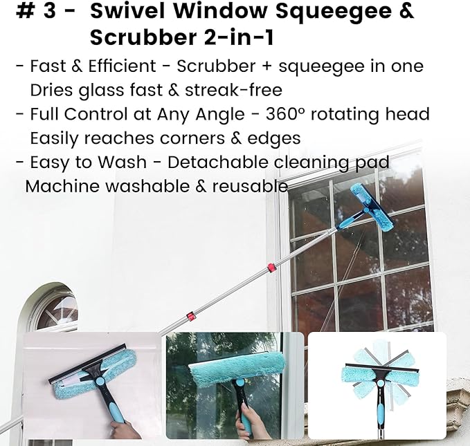 Ceiling Fan Duster Kit – 5-in-1 Bendable & Dual-Sided Heads – Washable Dusters for High Ceiling, Fans, Corners, Glass – Fits Standard ¾ Pole – Blue Cleaning Set