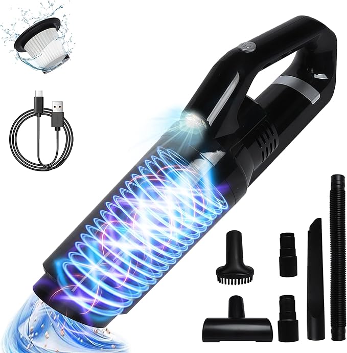 Handheld Car Vacuum Cleaner,Portable Vacuum Cleaner with 15000PA Suction,High Power Wet and Dry Mini Rechargeable Car Vacuum Cleaner with LED Light ,Multi-Nozzles for Car, Home, Office,Pet(black)