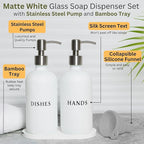 White Glass Hand and Dish Soap Dispenser Set - Modern Farmhouse Sink Accessories - 16 oz Kitchen Sink Set With Tray, Stainless Pumps & Funnel