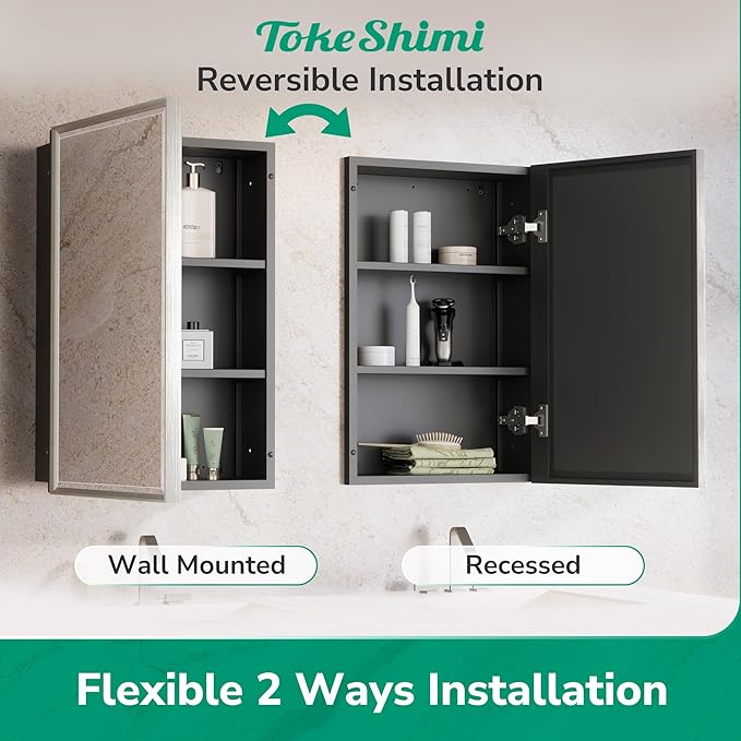 TokeShimi 24x30 Bathroom Mirrored Medicine Cabinet, Recessed Medicine Cabinet with Mirror, Aluminum Framed Brushed Nickel Mirror with Storage Adjustable and Quiet Hinge