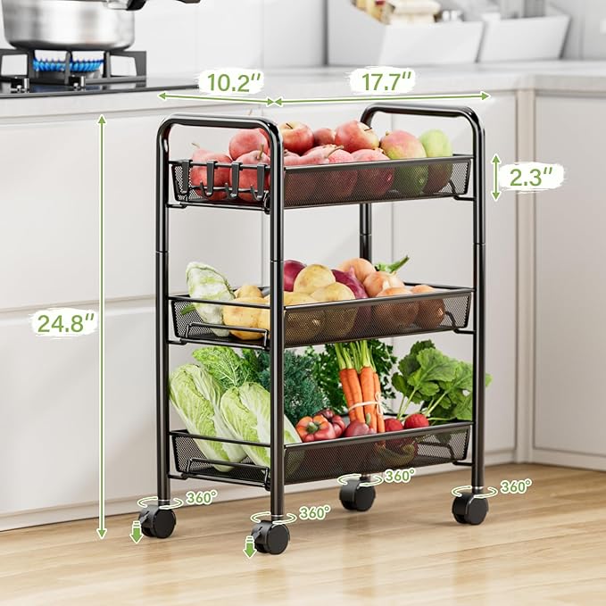 JANE EYRE 3-Tier Rolling Utility Storage Rack Cart on Wheels, Trolley Craft cart, Multi-Purpose Organizer Shelf, Black