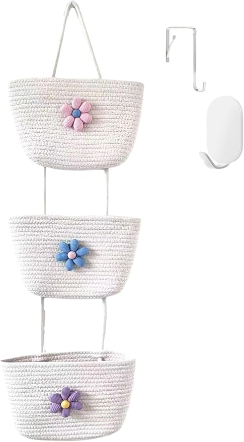 Nursery Must-Have! 3-Tier Cotton Hanging Baskets with Adorable Flowers - Soft Woven Storage for Baby Clothes, Toys & Essentials, Over-the-Door Organizer