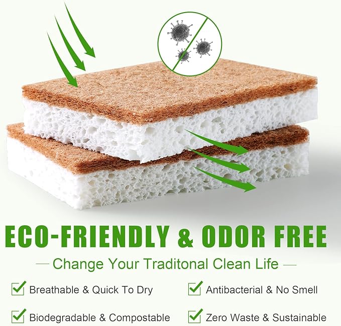 Biodegradable Natural Kitchen Sponge，Eco Friendly Sponges for Dishes,Compostable Cellulose Sponge with Natural Plant Based Coconut Walnut Sustainable Scrubber Sponge Pack of 12