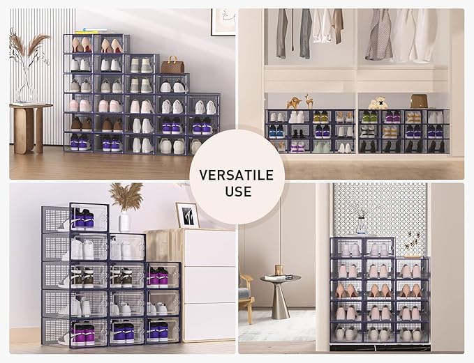 Kuject X-Large Shoe Storage Boxes Organizers Clear Plastic Stackable 12 Pack, Shoe Rack & Holder Substitute, Sneaker Containers, Toy Storage Organizer Bins for Entryway, Closet, Under Bed, Blue