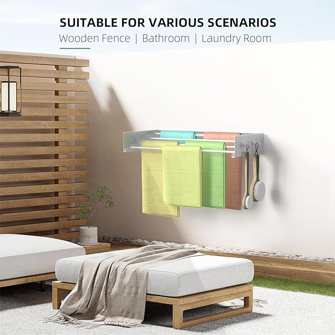 Drying Rack Clothing,Clothes Drying Rack Wall Mounted,Laundry Drying Rack Wall Mount,Foldable,Collapsible,60 lb Capacity 4 Aluminium Poles with 8 Hooks,Space Saving Clothes Drying Rack,White 23.6"