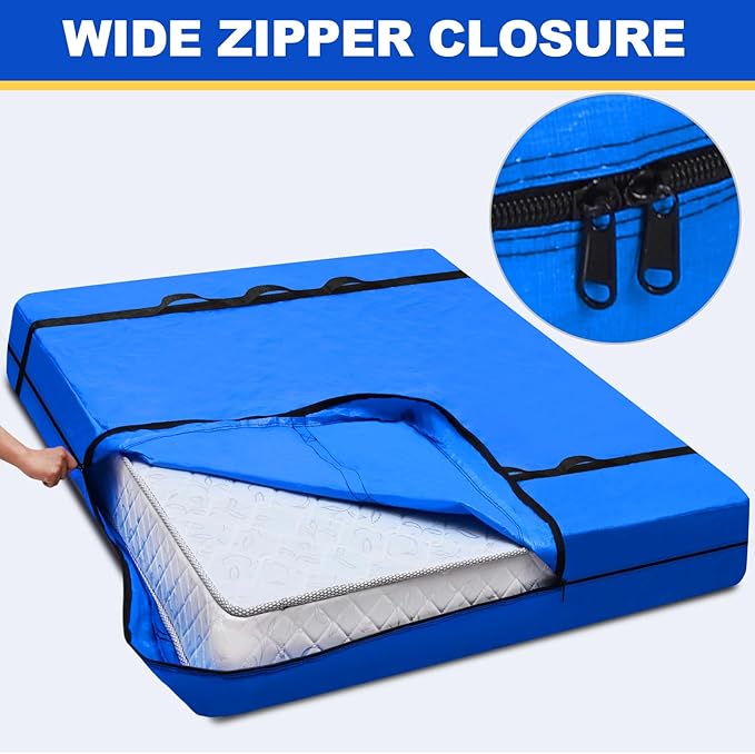 TICONN Mattress Bags for Moving, Heavy Duty Full Mattress Cover Storage Bag with Full-Around Handle and Adjustable Buckles (Blue, Full)