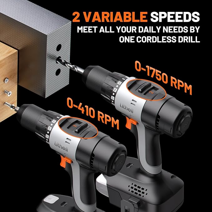 Litheli 20V Cordless Drill Driver, 1/2" Keyless Chuck, 2-Speed Electric Power Drill with 21+1 Torque Settings, Max 443 In-lbs, Battery Powered Drill for DIY, Woodworking & Home Projects