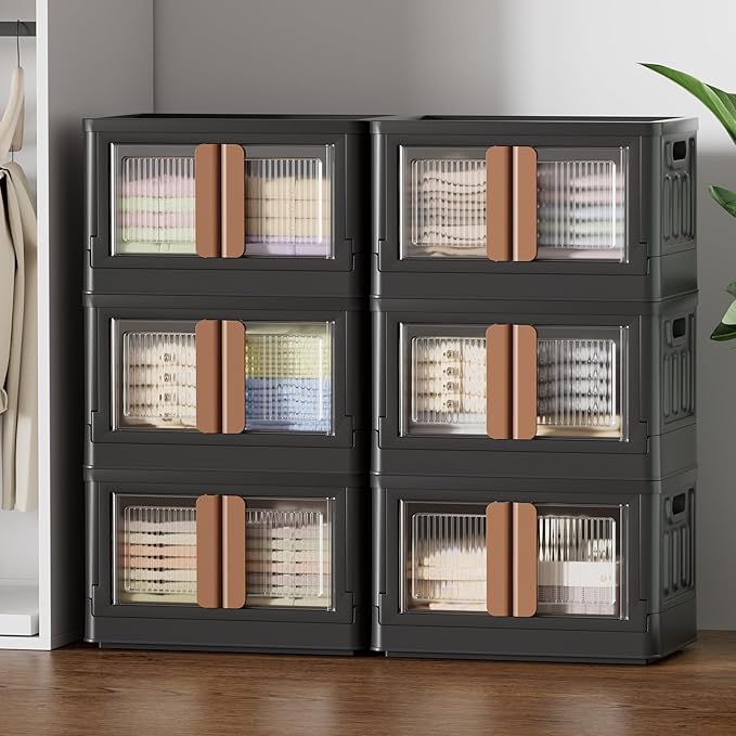 HAIXIN Storage Bins with 6 Lids - 8.4 Gal Closet Cabinet 6 Pack Plastic Stackable Organizers with Front Opening Door Black Foldable Storage Box for Home Garage Office Craft