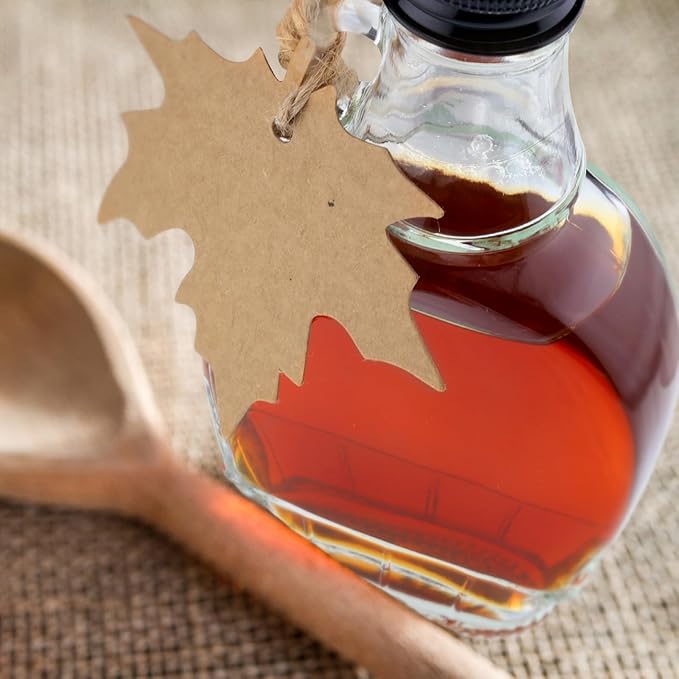 8 oz Maple Syrup Bottles with Loop Handle Black Aluminum Lids and Cotton Twines, Clear Glass Bottles with Round Tag, Maple Syrup Jars Container Sample Bottles for Gift Juice Milk Sauce Storage (12)