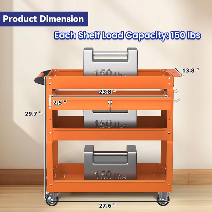 3 Tier Rolling Tool Cart with Drawer, 450 LBS Heavy Duty Utility Cart on Wheels, Service Cart for Garage, Workshop and Warehouse (Orange)