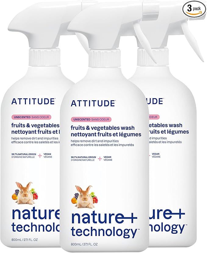 ATTITUDE Fruit & Vegetable Wash, Food-Safe Produce Wash, Removes Dirt & Residue, Vegan & Plant-Based Ingredients, Unscented, 27.1 Fl Oz (Pack of 3)