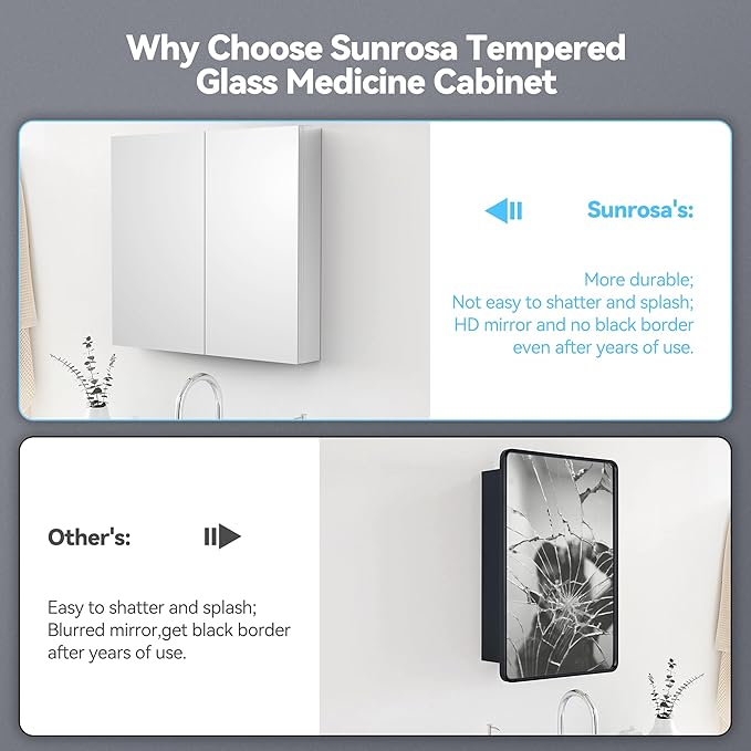 Sunrosa Medicine Cabinet with Mirror, 30" W x 31.5" H, 2 Symmetrical Doors, Wall-Mounted & Recessed Bathroom Medicine Cabinet with Tempered Glass Mirror