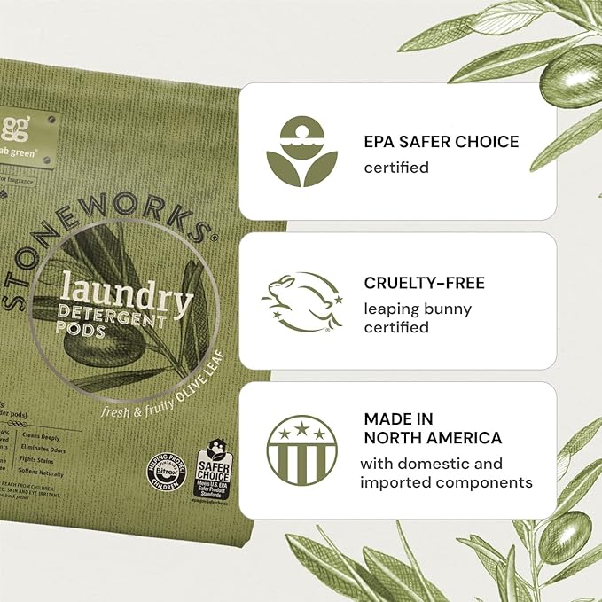 Grab Green Stoneworks Laundry Detergent Pods, Olive Leaf, 50 Count (Pack of 1) Loads-EPA Safer Choice Certified, Powered by Naturally-Derived Plant & Mineral-Based Powder Pods
