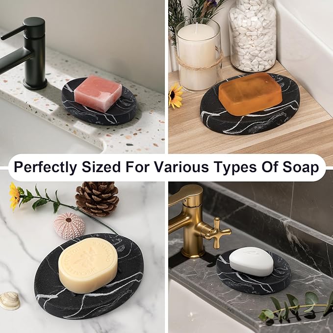 Soap Dish Bathroom Resin Marble Look Bar Soap Holder for Shower Soap Tray for Kitchen Sink 2 Pack(Marble Black)