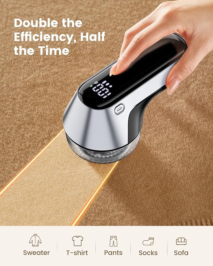 coldSky Fabric Shaver, Rechargeable Lint Shaver with Digital Display, Portable Sweater Defuzzer with 3 Speeds, 6 Leaf Blades and Safety Lock, Electric lint remover for clothes, Sweater, Couch, Blanket