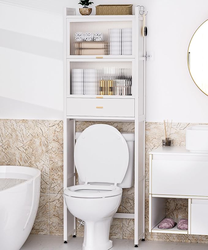 Over The Toilet Storage Cabinet with Drawer and Flip Door, Bamboo Bathroom Organizer Shelf with Anti-Tip Design and Waterproof Feet Pad,Freestanding Rack Above WC Space Saver (White)