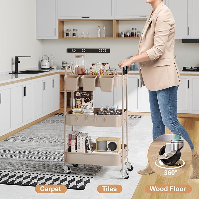 3 Tier Khaki Metal Utility Rolling Cart, Storage Cart with Handle and Lockable Wheels, Multifunctional Organizer Trolley with Mesh Storage Baskets for Kitchen, Office, Living Room, Laundry, Garage