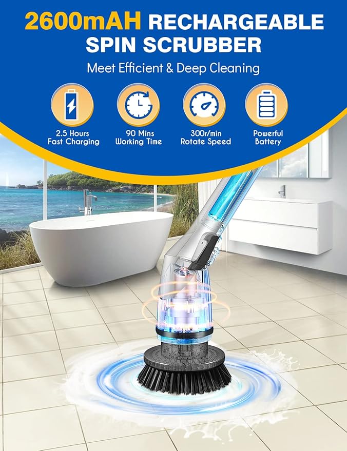 Rechargeable Cordless Electric Scrubber with 5 Cleaning Brush Heads, Powerful Adjustable Shower with Long Handle Extension Arm for Bathroom, Tub, Tile, Car, Floor