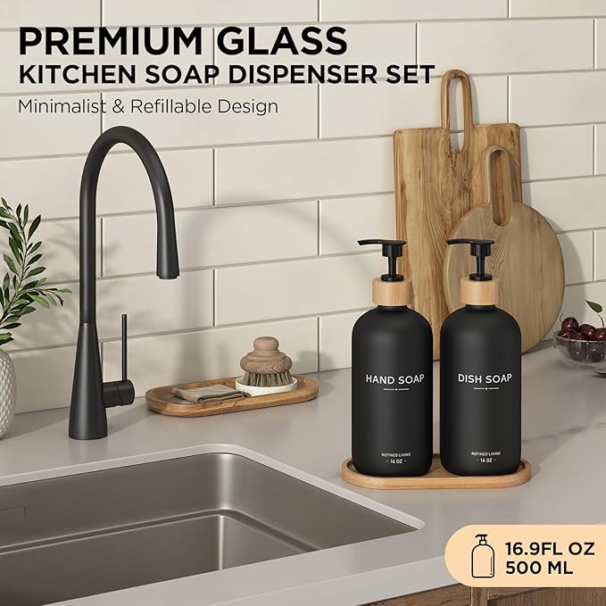 Hand and Dish Soap Dispenser Set,16oz Glass Bottles with Printed Labels, Bamboo Tray & Pump,Countertop Soap Dispensers for Kitchen,Luxury, Minimalist & Farmhouse Decor (Hand Dish (Black))