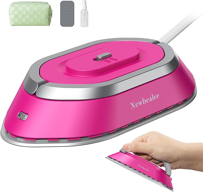 Newbealer Travel Iron with Global Voltage, 100-240V Mini Dry Iron for Clothes (No Steam), Max 300W, 60s Heat Up, 302℉ Non-Stick Ceramic Soleplate, 0.8lbs Ultra-Lightweight (Hotpink)