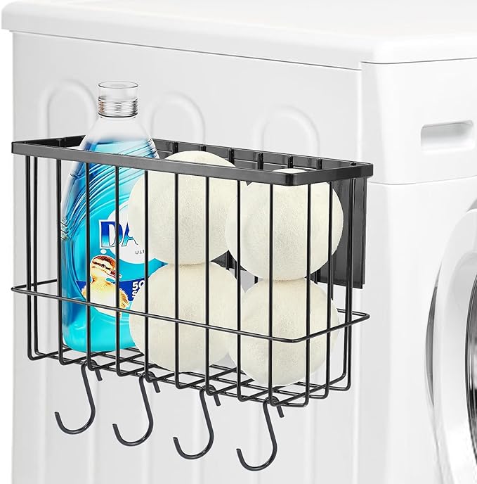 Magnetic Laundry Room Organizer Rack – Matte Black Storage Shelf for Washer or Dryer Side – Magnetic Mount, No Drill – Includes 4 Utility Hooks – Holds Detergent, Dryer Balls, Supplies