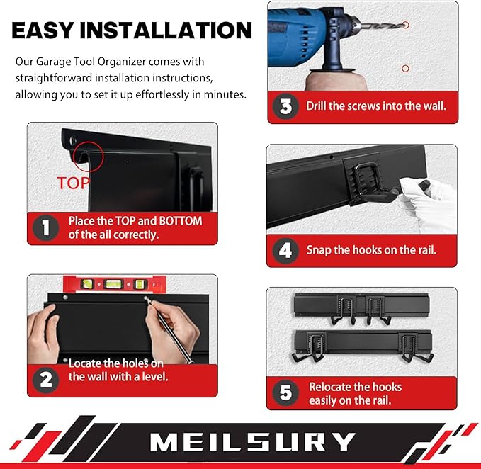 Garage Storage, 48-INCH Garage Tool Organization Wall Mount, Upgraded to Support Max 440lbs Garage Garden Tool Organizer, Professional Wall Mount Tool Storage Racks with 3 Rails and 7 Hooks