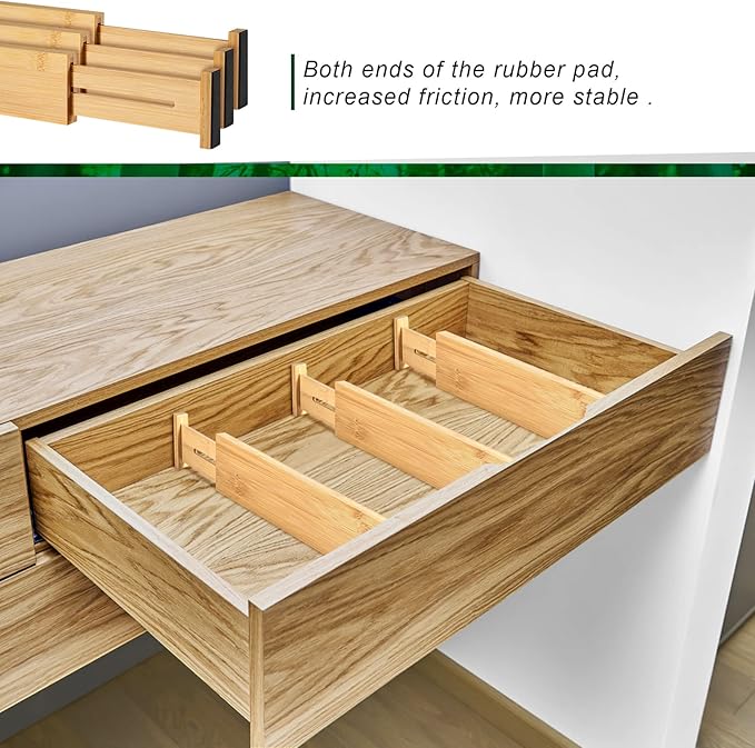 4 Pack Bamboo Kitchen Drawer Dividers 2.6" High, Adjustable from 12 Inch to 17 Inch Drawer Organizers, Expandable Drawer Separators for Clothes, Bedroom, Dresser, Office (Beige)