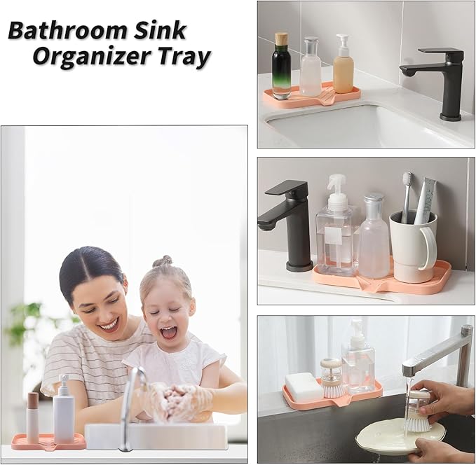 Silicone Bathroom Soap Dishes with Drain Spout-Bathroom and Kitchen Sink Organizer,Sponge Holder,Dish Soap Tray,Perfect for Dispenser,Scrubber,Bottle,Cup on Sink or Counter-Pink 9.6"×5.3"